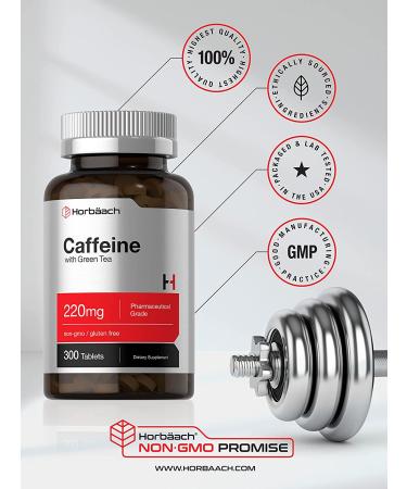 Caffeine Pills 200mg with Green Tea Extract | 300 Vegetarian Tablets | Non-GMO & Gluten Free by Horbaach - Buy Online on GoSupps.com