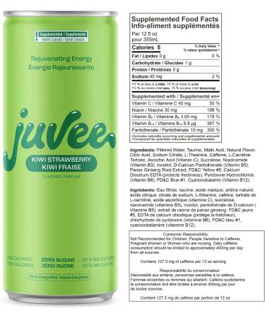 Juvee Rejuvenating Sugar Free Energy Drink Blue Raspberry + Kiwi Strawberry Taurine Vitamin B12 Vitamin B6. 128 Mg Of Caffeine. L-Theanine For Mood Support. Panax Ginseng For Focus. Vitamin C For Immune Support. Gluten Free 12 Fl Oz (Pack of 12) Variety P - Buy Online on GoSupps.com
