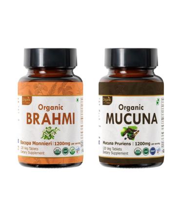 ORGANIC SPREE Brahmi & Mucuna Supplement 120 Tablets Each USDA Organic Bacopa Monnieri & Mucuna Pruriens