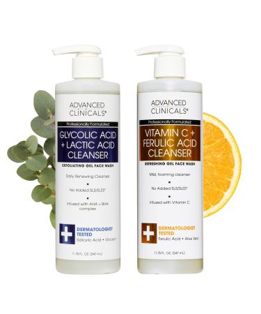 Advanced Clinicals Exfoliating Glycolic Acid & Salicylic Acid Face Wash + Hydrating Vitamin C Facial Cleanser 2pc AM/PM Skin Care Set For Women & Men To Gently Exfoliate & Cleanse Dirt & Oil 2PC 23.5 Fl Oz (2-Piece Set) Vi