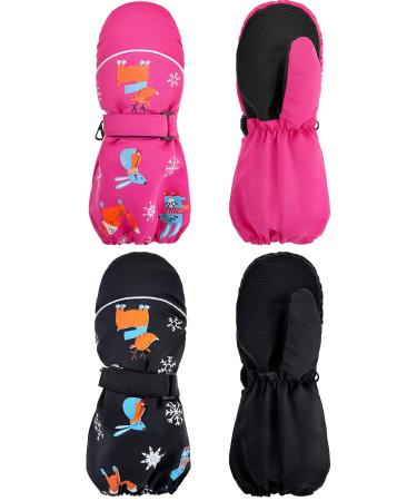 Geyoga 2 Pairs Kids Thicken Snow Mittens Unisex Waterproof Ski Mitten Winter Warm Comfortable Mittens for Kids Rose Red, Black for 3-7 Years
