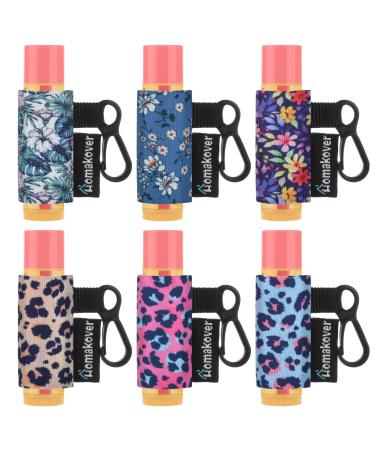 6 Pack Lip Balm Holder Compact Clip-On Chapstick Holder Premium Release Clip Neoprene Sleeve Lip Balm with Clip Fits Most Standard Lip Balm Leopard + Flower