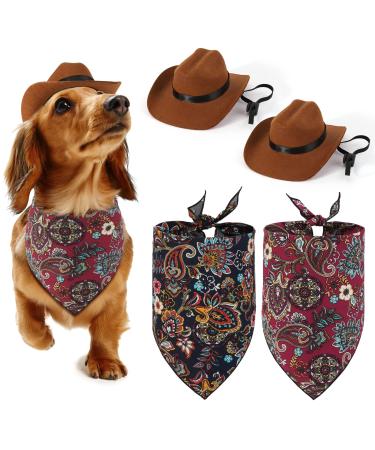 Jupsk Pet Dogs Cats Cowboy Costume Hats and Bandanas Scarf Set of 4 Pet Cowboy Caps and Triangle Scarves Accessories for Puppy Kitten Pet Party Festival and Daily Wearing Decoration