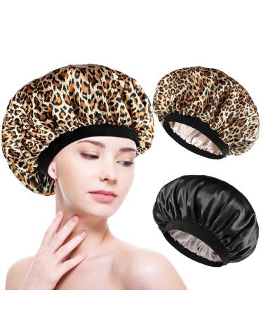 2 pieces satin hair hood double -sided hair hood for the night soft satin bonnet sleeping hood bonnet sleep sleep cap sleeping cap breathable for women girls (black leopard) - Buy Online on GoSupps.com
