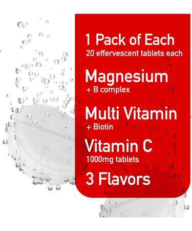 Effervescent Variety Pack with Vitamin C 1000mg Magnesium + B Complex Multivitamin + Biotin 3-Pack 60 Tablets Variety 20 Count (Pack of 3) - Buy Online on GoSupps.com