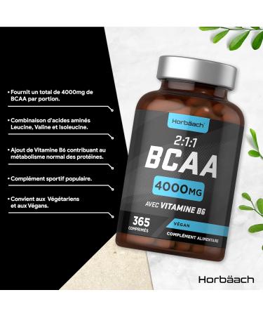 BCAA 2.1.1 4000mg | 365 Vegan Tablets (3 Months) | 2:1:1 Branched Chain Amino Acids L-Leucine L-Isoleucine L-Valine and Vitamin B6 | Pre Post Workout Dietary Supplement | by Horbaach - Buy Online on GoSupps.com