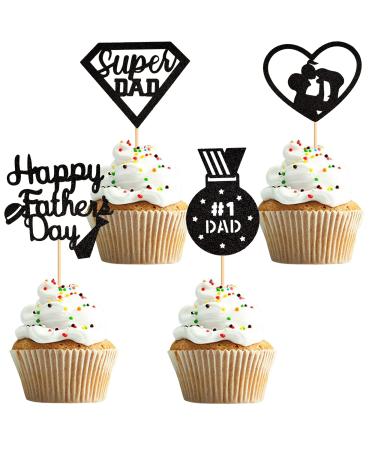 UXYOKM 24Pcs Happy Father's Day Cupcake Toppers Black Glitter Super Dad Heart Medal Cupcake Picks for Fathers Day Party Cake Decorations Supplies Black a