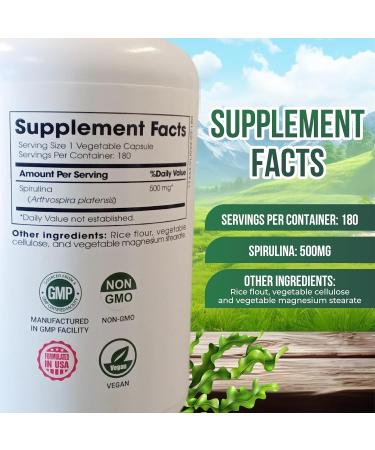 Natural Spirulina Capsules Super Green Powder Supplement | Spirulina Powder Nutri Flow Superfood 500mg | Non-GMO Vegan Vegetable Rich in Vegan Protein 180 Capsules - Buy Online on GoSupps.com