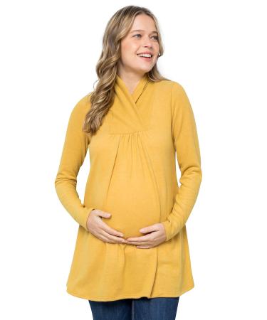 My Bump Maternity Knit Sweater - High Neck Shawl Collar Long Sleeves Tunic Pullover Top (Made in USA) L Mustard Tlai