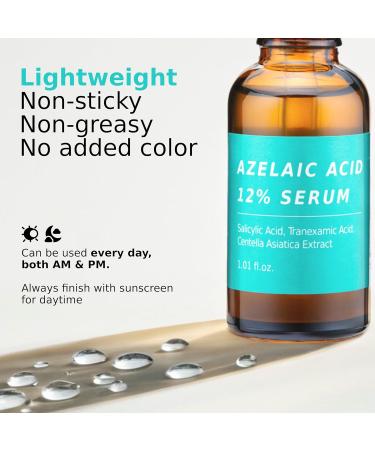 Azelaic Topical Acid 12% Serum for Face Dark Spot Remover with Tranexamic Acid Salicylic Acid Niacinamide & Centella Asiatica Acne Hyperpigmentation & Rosacea Treatment 1 Oz Korean Skincare 1 Fl Oz (Pack of 1) - Buy Online on GoSupps.com