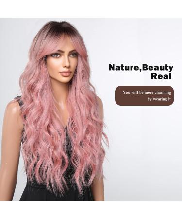HAIRCUBE Long Pink Wig for Women - Dark Rooted Synthetic Hair with Fringe - Buy Online on GoSupps.com