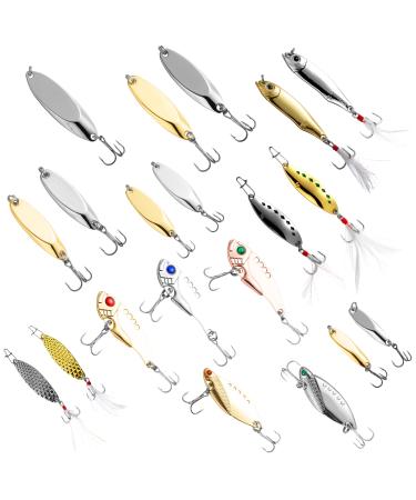 Nordtale Fishing Spoons Set 20pcs with Box 1/2OZ 1/4OZ 1/8OZ Gold Silver Metal Lures with Treble Hooks Hard Baits for Bass Trout Steelhead Salmon Pike Walleye