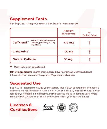 200mg Extended Release Caffeine + 100mg L-Theanine | 100% Natural Energy Supplement | Focus & Alertness | 120 Capsules - Long-Lasting No Crash - Buy Online on GoSupps.com