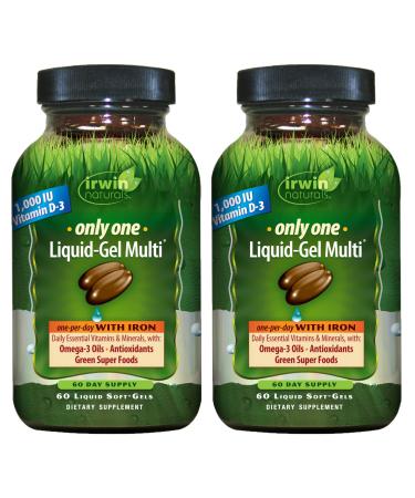 Irwin Naturals Only One Liquid-Gel Multi with Iron - 60 Liquid Soft-Gels Pack of 2 - Omega-3 Oils Antioxidants & Green Super Foods - 120 Total Servings