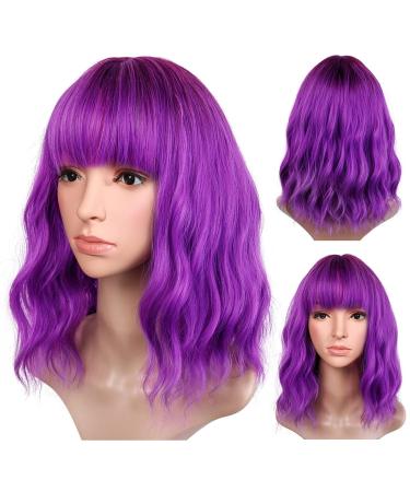 Anzid Purple Wig with Bangs  14 Short Wavy Bob Wig Shoulder Length Purple Wigs for Women  Synthetic Halloween Cosplay Costume Hair Colorful Wigs Heat Resistant Party Dark Purple Wig