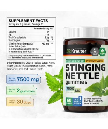 BIO KRAUTER Stinging Nettle Gummies - 7500 mg Strength - 60 Chews - Nettle Root 10:1 Extract - Urinary Support Supplement - Vegan Gummies Gelatin-Free Formula - Buy Online on GoSupps.com