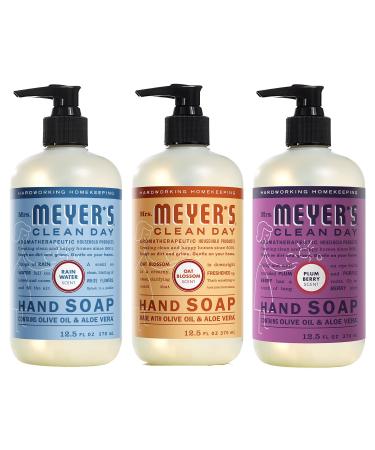 Mrs. Meyer’s Clean Day Liquid Hand Soap Variety Pack, 1 Rain Water Scent Hand Soap, 1 Oat Blossom Scent Hand Soap, 1 Plum Berry Scent Hand Soap, 12.5 FL OZ (3 CT)