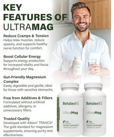 RetzlerRx UltraMag 125 Magnesium Glycinate Supplement - 240 Capsules with Patented TRAACS for Enhanced Absorption - Supports Cardiovascular Health Muscle Function Bone Health & Strength - Buy Online on GoSupps.com
