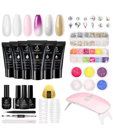 Beetles Poly Extension Gel Nail Kit, 6 Colors 30g gel with Mini Nail Lamp Slip Solution Rhinestone Glitter All In One Kit for Nail Manicure Beginner Starter Kit DIY at Home Mother's Day Gift for Women A-Glitter 6pcs