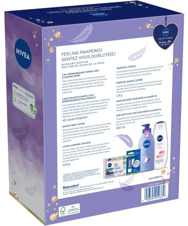 NIVEA Feel Pampered skincare routine holiday gift set | Contains : Makeup removing Wipes 40pc Lip Balm 4.8g Body Lotion 625mL & Body Wash 500mL | Bundle for normal to dry skin - Buy Online on GoSupps.com