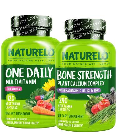 NATURELO Calcium Supplement for Bone Strength with Calcium 600mg - 240 Capsules and One Daily Multivitamin for Women - 120 Capsules - 4 Month Supply Bundle