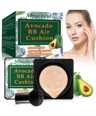 BB Air Cushion, Avocado BB Cream, CC Cream, All-Day Lasting Nude Makeup Foundation, with Mushroom Air Cushion, Even Skin Tone Makeup Base, Easy to Apply, Thin, Moist 1.05 Ounce (Pack of 1) natural color