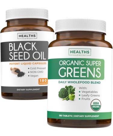Black Seed Oil & Organic Super Greens (3-Month Supply) Seed & Sprout Bundle of Black Seed Oil (180 Capsules) Cold-Pressed Nigella Sativa & Organic Super Greens Powder (180 Tablets) Complete Superfood