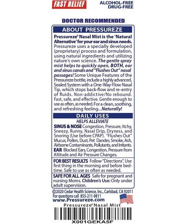 Pressureze All Natural Sterile Nasal Spray - Fast Relief for Sinus Allergies, Congestion, Blocked Ears & Snoring | 130 Sprays 18ml 0.6 Fl Oz - Buy Online on GoSupps.com