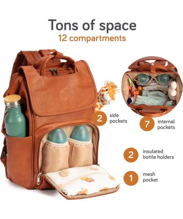 Baby Uma Diaper Bag with Diaper Pad | Large Capacity Backpack with Insulated Bottle Holders & Laptop Compartment | Stylish Synthetic Leather Stroller Bag in Camel Brown - Buy Online on GoSupps.com