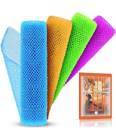 4 Pieces African Net Sponge African Exfoliating Net African Net Long Net Bath Sponge Exfoliating Shower Body Scrubber Back Scrubber Skin Smoother Great for Daily Use (Pink  Green  Yellow  Blue)