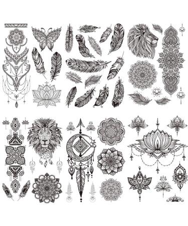 Ooopsi 8 Sheets Black Henna Temporary Tattoos for Women Girls - Feather Mandala Flower Tattoo Sticker for Adults Body Art Stickers Lace Indian Mehndi Tatoos
