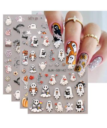 JMEOWIO 3D Embossed Halloween Nail Art Stickers Decals Self-Adhesive 5D Cute Ghost Red Heart Nail Supplies Nail Art Design Decoration Accessories 4 Sheets