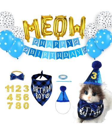 Blue Cat Birthday Party Supplies Cut Cat Birthday Supplies with Cat Birthday Hat Tie Birthday Number Cat Birthday Banner Balloons Beautiful Cat Themed Birthday Party for Cat Birthday Party Dec