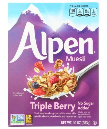 Alpen Triple Berry No Sugar Added Muesli, Swiss Style Muesli Cereal, Whole Grain, Non-GMO Project Verified, Heart Healthy, Kosher, Vegan, Made With Real Fruit, No Sugar Added, 10 Oz Box