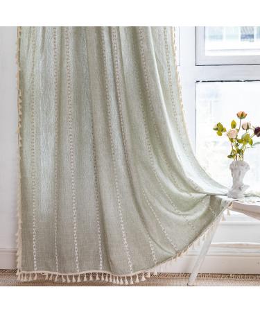 RoomTalks Sage Green Boho Farmhouse Curtains for Bedroom Living Room 84 Inch Length French Country Summer Spring Cute Linen Window Curtain Panels Striped Bohemian Chic Tassel Draperies, 84’’L x 52’’W 84''L x 52''W Sage Green