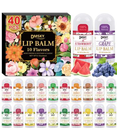 DMSKY 40 Pack Mini Lip Balm Natural Lip Balm Bulk with Vitamin E and Coconut Oil Moisturizing Lip Balms for Dry Cracked lips - 10 Flavors 40 Count