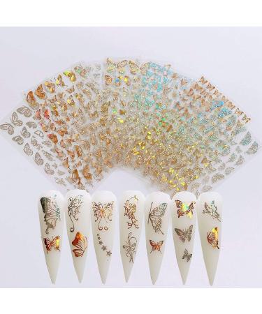 Butterfly Nail Art Stickers Decals Laser Butterfly Nail Designs 3D Gold Silver Butterflies Nail Art Adhesive Sticker Sheets Nail Foil Luxury Butterfly Nail Stickers for Nail Art Decoration (8 Pcs)