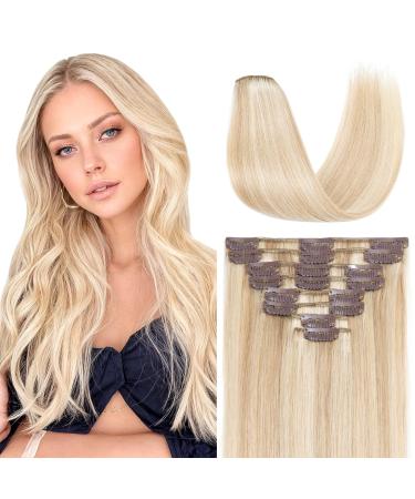 TESS Blonde Real Human Hair Extensions Clip in - 14 Inch 60g Clip in Hair Extensions - 8 Pieces Clip in Hair Extensions - (Ash Blonde & Bleach Blonde)