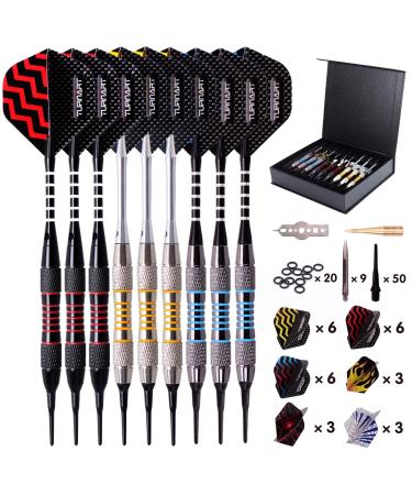 Darts Plastic Tip - Professional Soft Tip Darts Set for Electronic Dartboard 9 Pcs 18 Grams with 50 Extra Tips 9 Shafts 27 Flights Tool Kit Flight Protectors and Gift Darts Case Tungsten