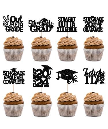 BZBAIS 32 Pieces Black Glittery 5th Grade Grad Cupcake Toppers Class of 2024 5th Grade Graduate Peace out Fifth Grade Cupcake Picks with Grad Cap Diploma 2024 Graduation Cupcake Party Decorations