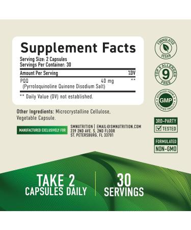PQQ Supplement 40 MG | High Strength Pyrroloquinoline Quinone for Mitochondrial Biogenesis Cellular Energy & Brain Health Support | Mitochondria Supplement | Third-Party Tested Non-GMO | 60 Ct 40mg - Buy Online on GoSupps.com