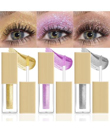3 Colors Waterproof Crystal Liquid Glitter Eye Shadow Liquid Sparkling Eyeshadow Kit Liquid Highlight Shimmer Eye Makeup Sparkly for Eyes (04+05+07)