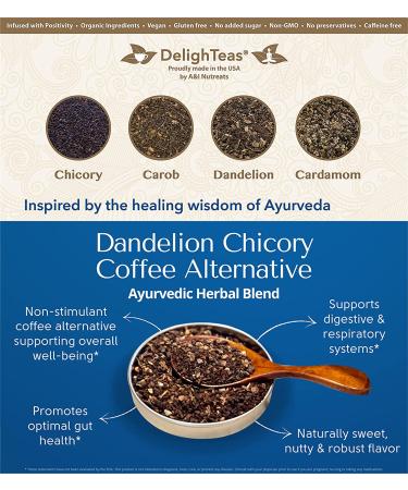 DelighTeas Ayurvedic Herbal Coffee Alternative - Chicory & Dandelion Coffee | USDA Organic, Caffeine Free, Acid Free | 50 Servings 6oz - Buy Online on GoSupps.com