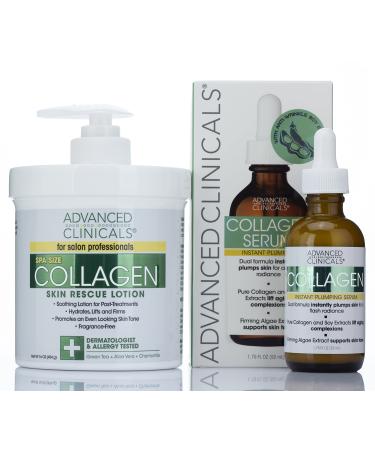 Advanced Clinicals Collagen Set: Body Cream & Facial Serum for Hydration  Firming  & Plumping  2-Piece 2 Piece Set Collagen Cream + Serum