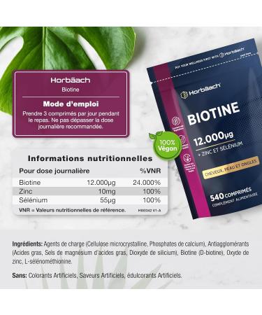 Biotine 12000 mcg Extra Fort | 540 Comprim s Vegan | Complexe Avec Zinc et S l nium | Compl ment Alimentaire Pour Cheveux Peau Ongles | Vitamin B7 Hair Skin and Nails | Horbaach - Buy Online on GoSupps.com
