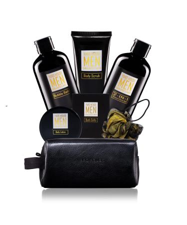 YARD HOUSE Bath and Body Spa Gifts Baskets Set for Men - Sandalwood & Amber – 7Pcs Men’s Spa Kit with Body wash, Bubble bath, Bath Salt, Body Lotion, Body Scrub, Loofah and Leather Toiletry Bag