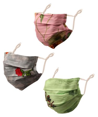 Touchstone Floral Fabric Adjustable Filter Pocket Nose Bridge Double Layer Cotton Face Mask Reusable Washable for Men Women (Pack of 3).Gray Green Pink