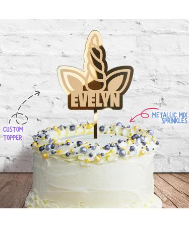Cakeshop Cake Decoration Pack | Cute Unicorn Horn Premium 3mm Mirror Acrylic Plastic Cake Topper Sign & 25g Party Pack of Cake Sugar Sprinkles | Custom Name Cake Decorations (Gold) Prime Mirror Acrylic: Gold - Buy Online on GoSupps.com