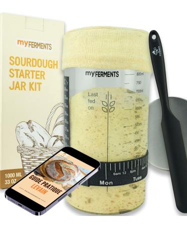 myFERMENTS Premium Sourdough Starter Jar Glass (1000ML - 33OZ) - Sourdough Starter Kit Beginners - Essential Bread Making Accessories and Supplies for Perfect Sourdough Bread.