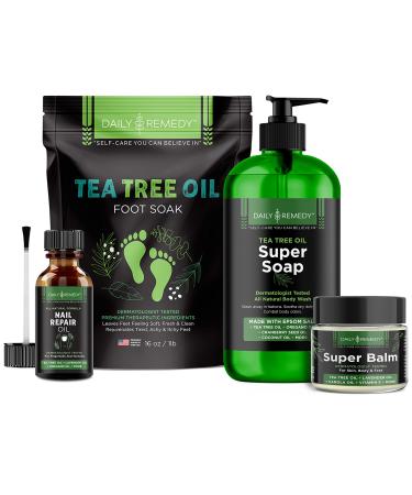 4 in 1 Tea Tree Oil Foot Soak, Super Balm, Nail Repair Oil and Body Wash Set - for Damaged Nails, itchy Skin, Athletes Foot, Smelly Feet, Cracked Heels and Calluses - Made in the USA